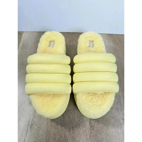 UGG Maxi Puff Slides Womens 8 Yellow Platform Uggs Slip On Sandals Sheepskin - Picture 5 of 9